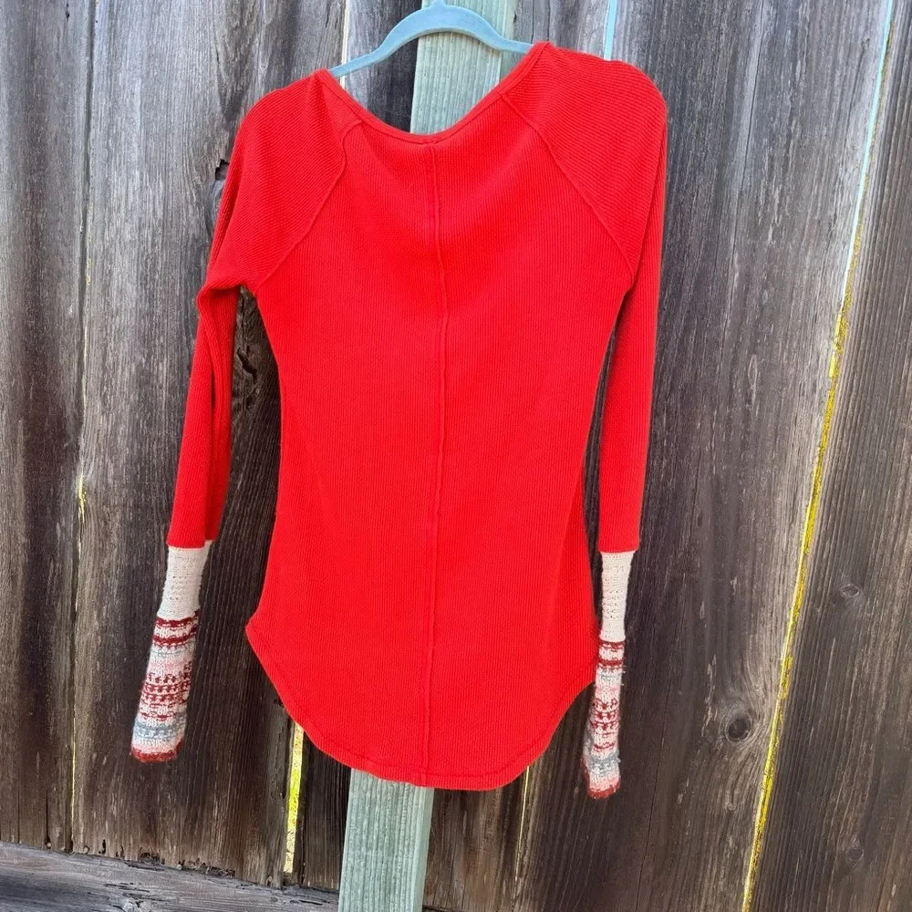 Free People Orange Red Thermal Ribbed Top Boho Contrast Knit Sleeve Henley LS M